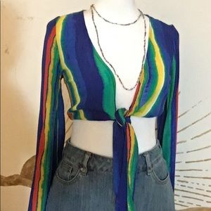 Forever 21 Watercolor Striped Tie Front Crop Long Bell Sleeve Festival Top